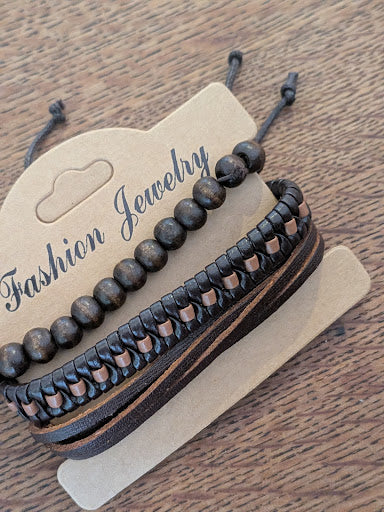 Bracelet Homme Multi-Rangs Cuir & Bois — Modèle Surprise / Aléatoire