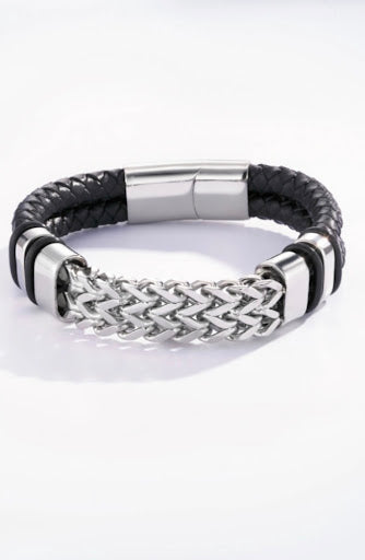 Bracelet cuir tressé & chaîne acier vue produit
