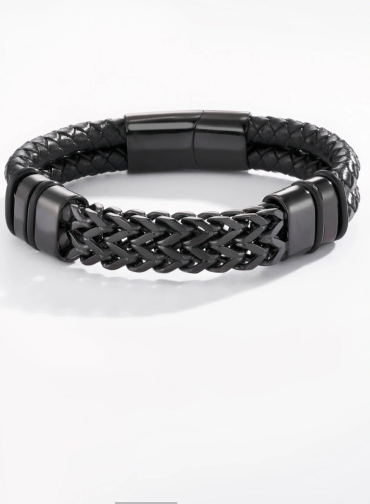 Bracelet cuir tressé & chaîne acier noir vue produit