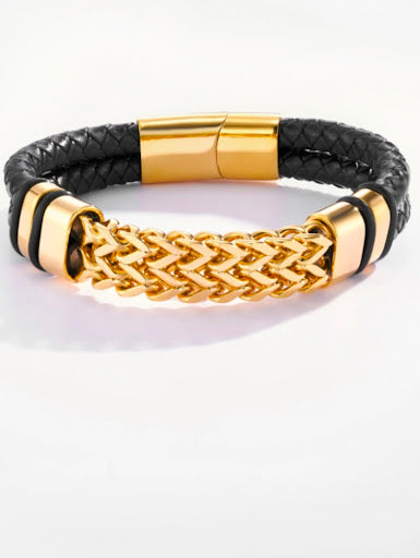 Bracelet cuir tressé & chaîne acier doré vue produit