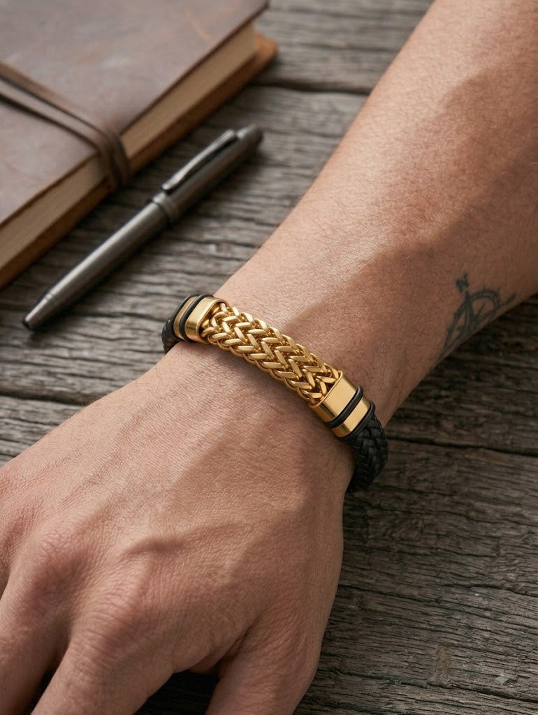 Bracelet cuir tressé & chaîne acier doré porté au poignet
