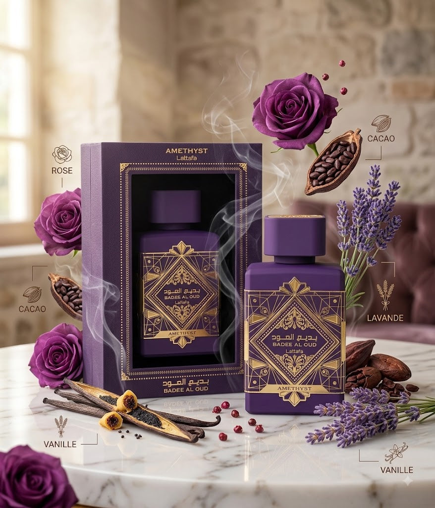 Lattafa Badee Al Oud Amethyst notes olfactives rose cacao lavande vanille