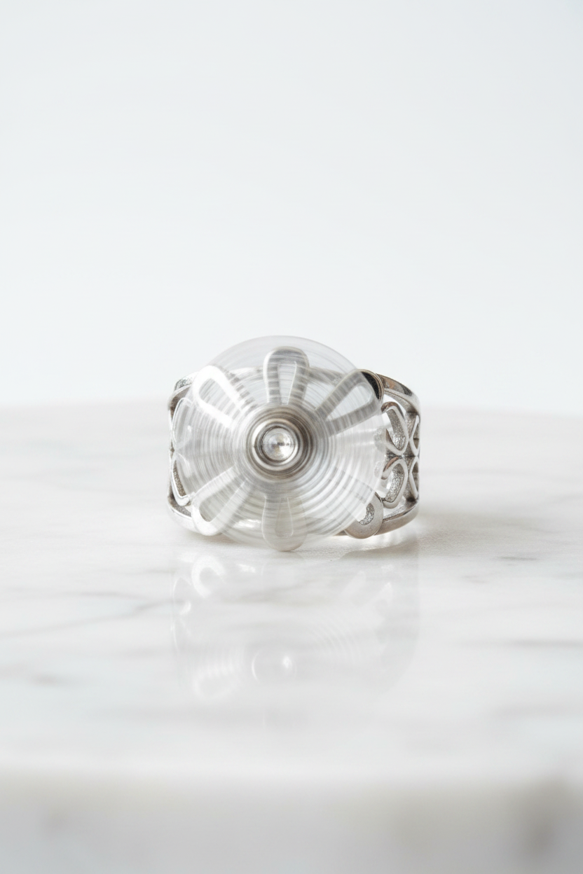 Bague tournante argentée sur marbre