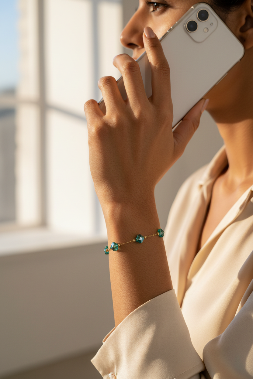 Bracelet Cristal Vert — Femme Indienne au Téléphone