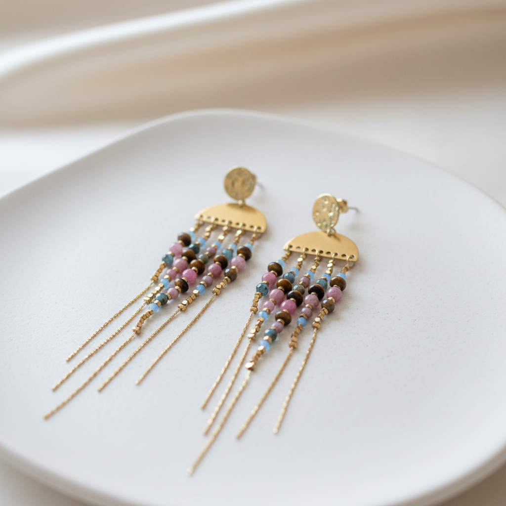 Boucles d'Oreilles Pendantes Bohème-Chic Dorées — Mélange de Pierres Naturelles & Perles