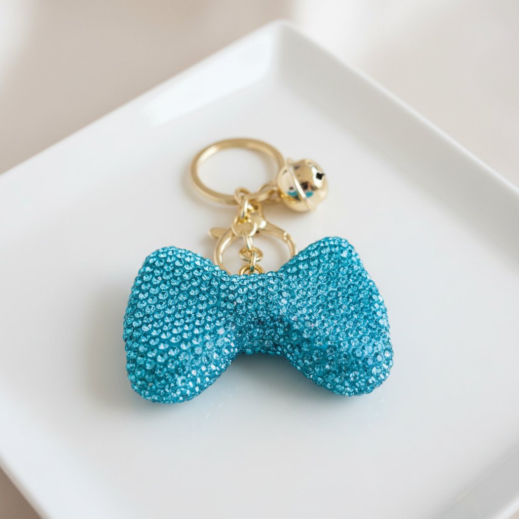 Porte-Clé Noeud Papillon Étincelant en Strass Bleu Turquoise - Accessoire Chic