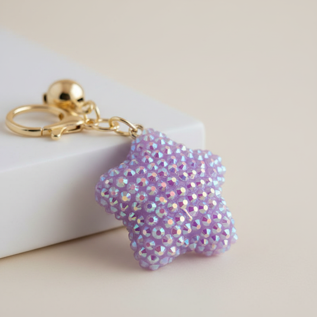 Porte-Clé et Bijou de Sac Étoile Scintillante en Strass Violet Iridescent - Accessoire Chic