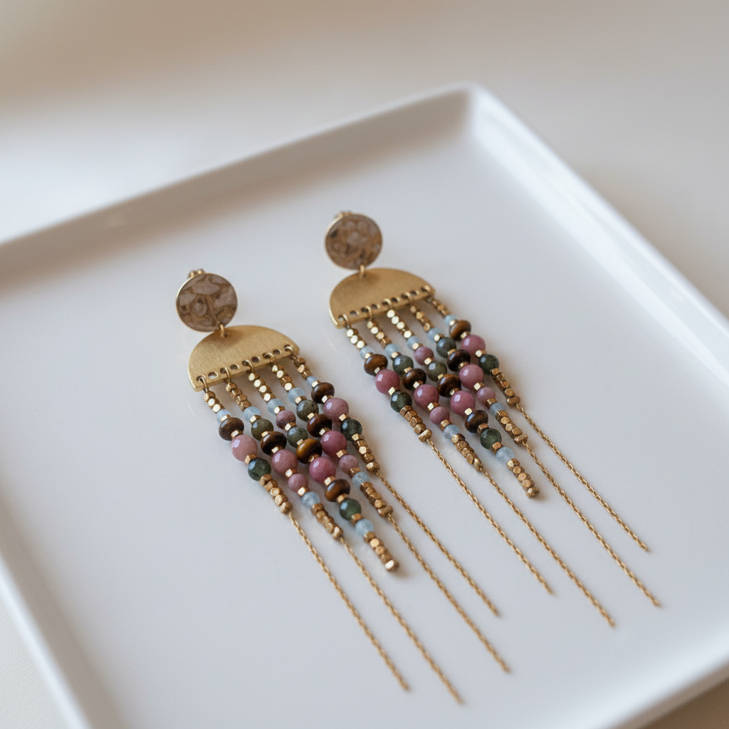 Boucles d'Oreilles Pendantes Bohème-Chic Dorées — Nuances de Bleu & Perles Facettées