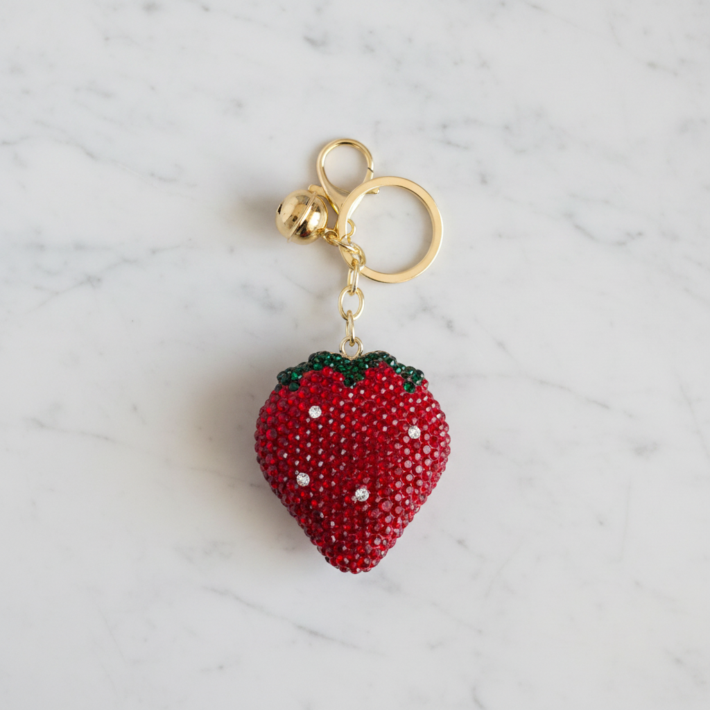Porte-clé fraise avec clochette sur marbre